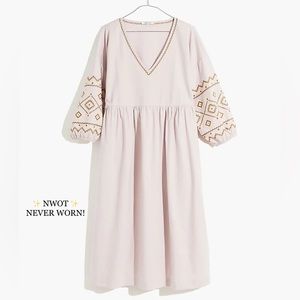 Madewell Embroidered-Sleeve Popover Midi Dress - Blush Pink - XS, Linen & Cotton